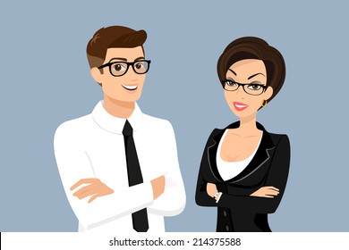 Business Men And Woman Vector Cartoon Office People For Corporate Illustration Wearing Suit And Standing Isolated On Blue Background. Business Men Employee And Executive Manager Leader Are Partners