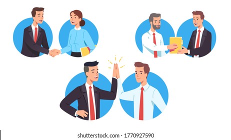 Business men, woman workers greeting each other making deal set. Partners people shaking hands, giving high five. Senior businessman handing documents to successor. Flat vector character illustration