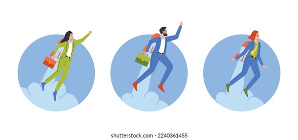 Business Men and Women Characters Flying Off with Jet Pack and Rocket Launch Startup Project Isolated Round Icons or Avatars. Office Workers Career Boost, Success. Cartoon People Vector Illustration