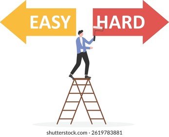 Business men and women choose between hard and easy way. Crossroad with different path. People making decision to solve problem.

