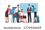 Business men, women colleagues team arguing having dispute in office. Angry people discussing business issues, shouting, gesturing. Disagreement, conflict & teamwork problem. Flat vector illustration