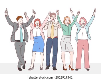 Business men and women with determination, confidence, and smart. Collection of people celebrate successful project. Hand drawn in thin line style, vector illustrations.