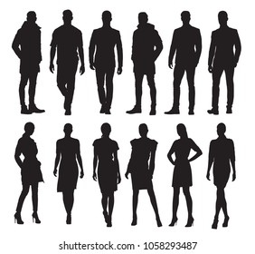 Business men and women in different poses, set of vector silhouettes. Adult people in formal dress at work