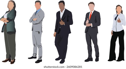 Business men and women in different style standing pose for their office work, meeting, consulting. Vector illustration on white background. 