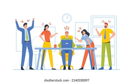 Business Men and Women Enemies or Opponents Arguing and Staring Each Other in Office. Quarrel or Work Conflict Between Colleagues or Workers Team, Fight for Leadership. Cartoon Vector Illustration