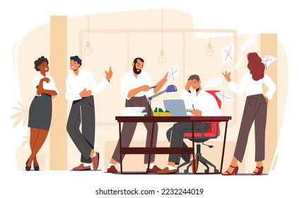 Business Men and Women Enemies or Opponents Arguing and Staring Bullied Person in Office. Quarrel or Work Conflict Between Colleagues or Workers Team, Bullying, Fight. Cartoon Vector Illustration