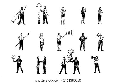 Business Men And Women, Financial Analyst, Stock Market Traders, Colleagues, Young Entrepreneurs, Office Workers Set. Coworkers, People In Formal Clothes Concept Sketch. Hand Drawn Vector Illustration