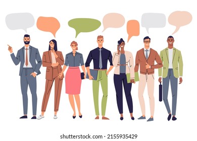 Business men and women in full length with speech bubbles. Business people of different races isolated on white background. The concept of human communication and collective thinking. Flat vector.