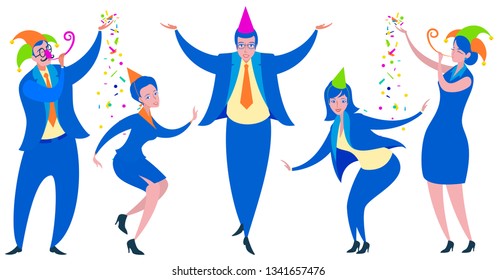 Business men and women fun office party. Flat cartoon people dancing fools day. Vector isolated on white