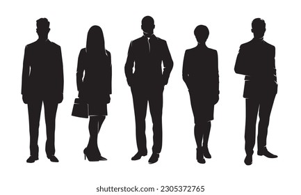 Business men and business women, group of people at work. Isolated vector silhouettes