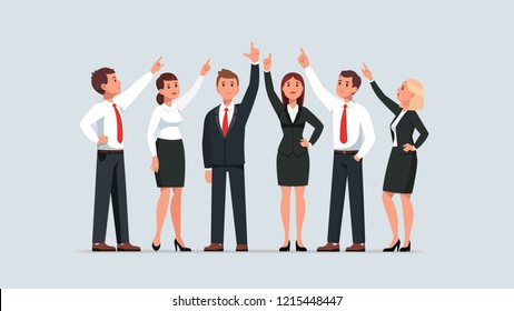 Business men and women group standing and pointing up. Businessman and woman team  pointing upwards together. Flat style isolated vector character illustration