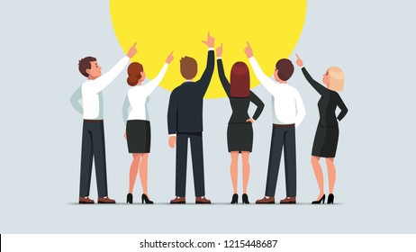 Business Men And Women Group Standing Back To Viewer And Pointing Up. Businessman And Woman Team Pointing Upwards Together. Flat Style Isolated Vector Character Illustration