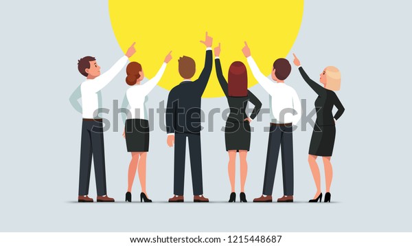 Business men and\
women group standing back to viewer and pointing up. Businessman\
and woman team pointing upwards together. Flat style isolated\
vector character\
illustration