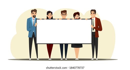 Business men and women holding blank banner. Professional people with white announcement board. Poster in hands, copy space vector illustration. Young successful workers with billboard.