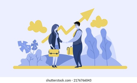 business men and women holding yellow work bags shake hands in the park