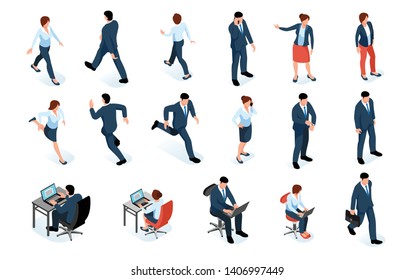 Business men and women isometric set of male and female characters in business suits and different poses isolated vector illustration