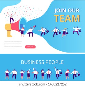 Business men and women. Join our team vector horizontal banners. Group of people shouting on huge megaphone. Business people disscussing. Teamwork.  Flat style illustration for web.