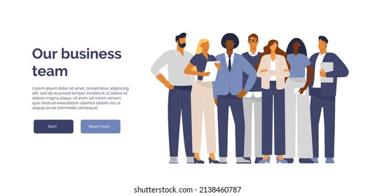 Business men and women. Multinational team of young professionals standing in full growth together. Vector illustration for web design, banner. Isolated on white, flat design.  