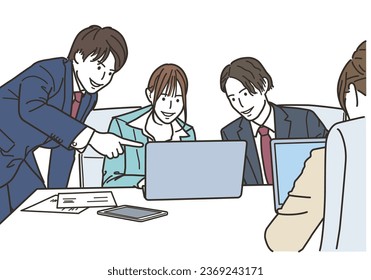 Business men and women in multiple suits working in the office
