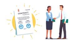 Business Men & Women People Shaking Hands Over Contract Reaching Agreement, Holding Signed Papers Set. Successful Partners Standing & Closing Deal. Partnership & Handshake. Flat Vector Illustration