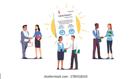 Business men & women people shaking hands over contract reaching agreement, holding signed papers set. Successful partners standing & closing deal. Partnership & handshake. Flat vector illustration