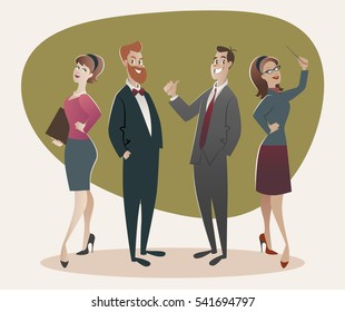 Business men and women proud of their success. Cartoon retro style 50's and 60's