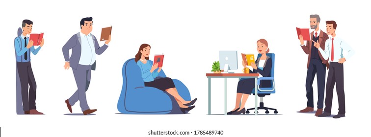 Business men & women reading books in office set. Smart business people walking, standing & sitting in bean bag chair, at desk. Education, literature, expertise & knowledge. Flat vector illustration