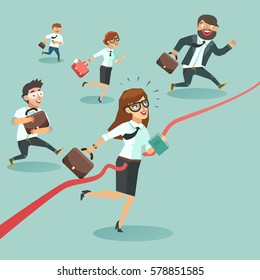 Business men and women run and cut the red ribbon or finishing line to begin a new business venture. Gender equality in business concept. Colorful vector illustration in flat style