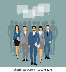 Business men and women silhouette. team business people group hold document folders  on blue background. Business people and speech bubble