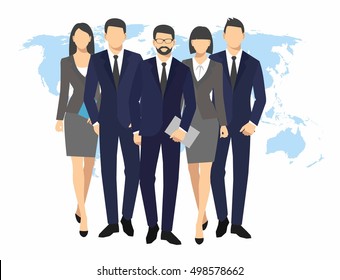 Business men and women silhouette. team businesspeople group hold document folders on world map background vector Illustration