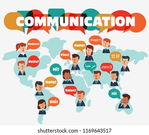 Business men and business women with speech bubbles in different languages. Communication, teamwork, assistance and connection vector concept. Partnership and international business