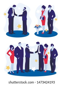 Business Men with Women Stand Face to Face Shaking Hands, Greeting Each Other on Party. Businessmen Team Leaders Meet after Successful Deal Signing on Corporate Event. Cartoon Flat Vector Illustration