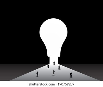 Business men and women standing front of big idea lightbulb door. nicely dressed businessmen and businesswomen standing, thinking, dreaming, planning in front of big light bulb shaped door concept