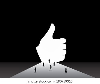 Business men and women standing front of big thumbs up door. nicely dressed businessmen and businesswomen standing, thinking, dreaming, planning in front of big thumbs up shaped door concept