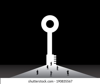 Business men and women standing front of big success key door.  nicely dressed businessmen and businesswomen standing, thinking, dreaming, planning in front of big successful key shaped door concept