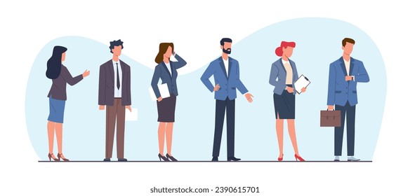 Business men and women standing in line. Employees and office workers in suits. Managers and entrepreneurs, company team. Male and female characters. Cartoon flat isolated vector concept