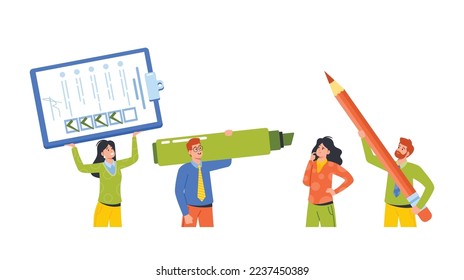 Business Men and Women with Stationery and Checklist Isolated on White Background. Tiny Male and Female Characters Holding Huge Clipboard, Pencil and Highlighter. Cartoon People Vector Illustration