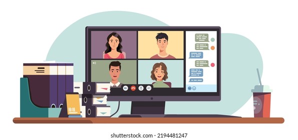 Business men, women talking by video conference call on desktop computer screen on office desk. Colleagues persons meeting by online chat. Distance communication at workplace flat vector illustration