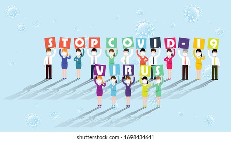 Business men and women  teamwork  hold label stop COVID-19 virus,wear mask protecting against infection  virus  flat Design.