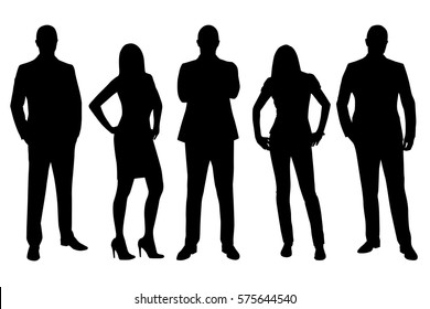 Business men and women vector silhouettes, standing people in formal dress