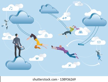 Business men and business women are working in the cloud like acrobats swinging between clouds and cooperating between them.