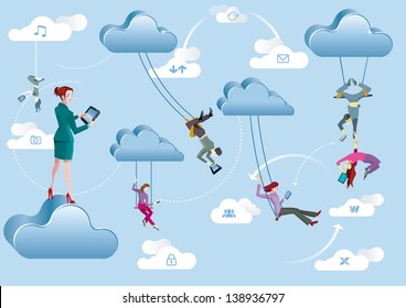 Business men and business women are working in the cloud like acrobats swinging between clouds and cooperating between them.