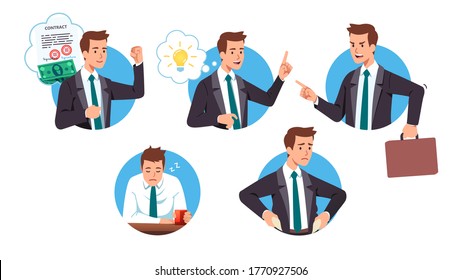 Business men workers succeeding or having problems set. Business people having idea or no money. Successful businessman concluding contract. Tired & angry entrepreneurs. Flat vector illustration