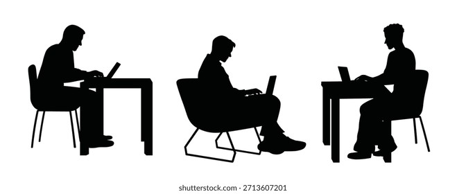 Geschäftsleute arbeiten mit Laptops an verschiedenen Orten. Ideal für Themen wie Remote-Arbeit, Studien, Produktivität oder flexible Arbeitsbereiche.