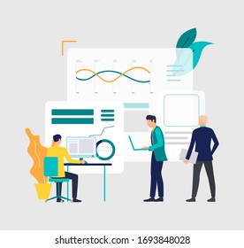 Business men working on computers and analyzing financial charts. Analysis, management, technology concept. Vector illustration can be used for topics like business, analytics, finance