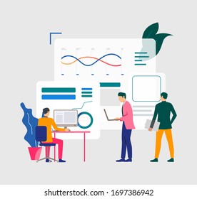 Business men working on computers and analyzing financial charts. Analysis, management, technology concept. Vector illustration can be used for topics like business, analytics, finance