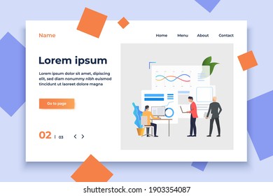 Hombres de negocios trabajando en computadoras y analizando gráficos financieros. Análisis, gestión, concepto tecnológico. La ilustración vectorial puede utilizarse para temas como negocios, análisis, finanzas