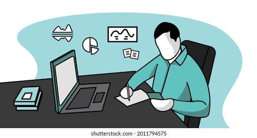 Business Men Write With Hanging Phone And With Object Surrounding