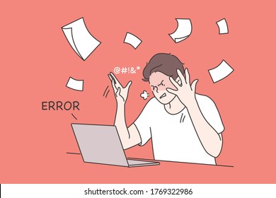 Business, mental stress, anger, fury, freelance concept. Young depressed frustrated stressful businessman manager freelancer angry throwing papers in air. Burning deadline critical error illustration.