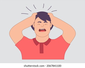 Business, mental stress, anger, fury. Young depressed frustrated stressful 
businessman, manager, freelancer angry. Emotion facial expression. 
Vector cartoon illustration
